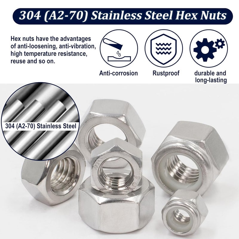 ZQZ 345 Pack SAE Hex Nut & Locknuts Assortment Kit,4#40 6#32 8#32 10#24 10#32 12#24 1/4-20 5/16-18 3/8-16 7/16-14 1/2-13 1/4-20 304 Stainless Steel Standard Thread Nylon Insert Lock Nuts Set - Image 4